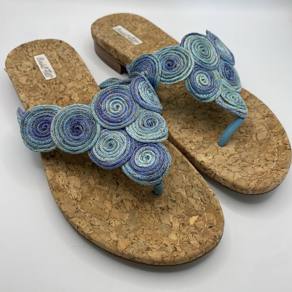 Marshall Field's Blue Textile Cork Calypso Thong Sandal Sz 7 Woven‎ Leather Sole